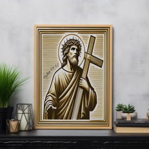 Jesus Embracing Golden Cross with Compassion Poster