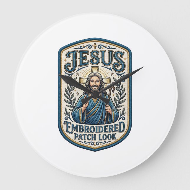 Jesus Embroidered Patch Look Jesus Embroidered Pat Large Clock (Front)