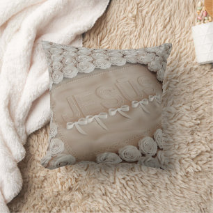 JESÚS Embroidered Throw Pillow – 3D Render Beige