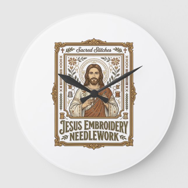 Jesus Embroidery Needlework Jesus Embroidery Needl Large Clock (Front)