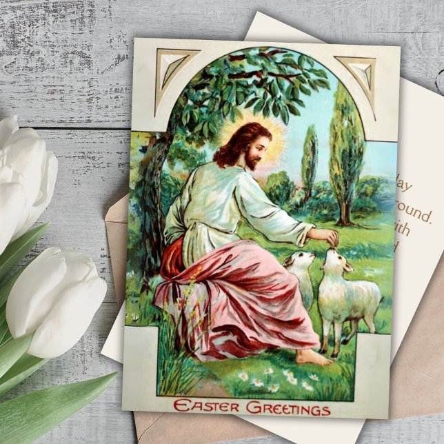 Jesus Feeding Lambs Custom Christian Easter Holiday Card (Jesus Feeding Lambs Custom Christian Easter Holiday Card)
