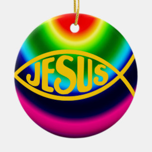 JESUS FISH ICHTHYS CHRIST RAINBOW CERAMIC TREE DECORATION