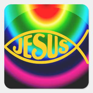 JESUS FISH ICHTHYS CHRIST RAINBOW SQUARE STICKER