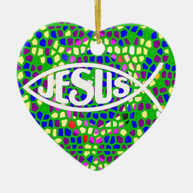 JESUS FISH ICHTHYS GREEN STAINED GLASS WINDOW CERAMIC TREE DECORATION (Front)