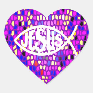 JESUS FISH ICHTHYS STAINED GLASS WINDOW PURPLE HEART STICKER