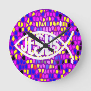 JESUS FISH ICHTHYS STAINED GLASS WINDOW PURPLE ROUND CLOCK