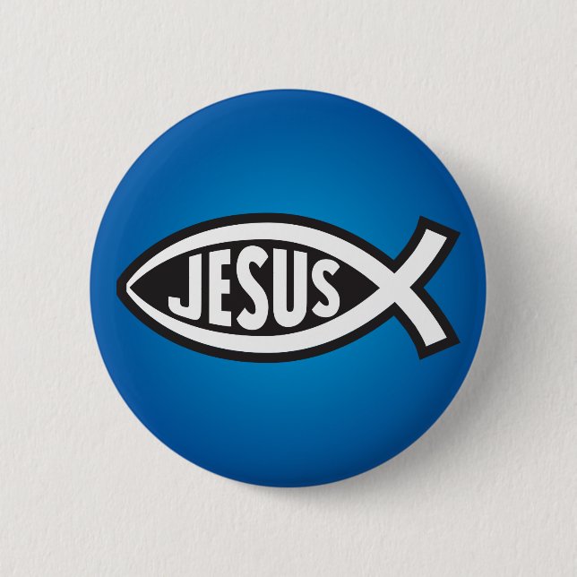 Jesus Fish Secret Symbol Ichthys ΙΧΘΥΣ Blue 6 Cm Round Badge (Front)