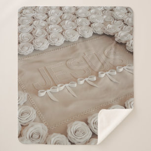 JESÚS Fleece & Sherpa Blanket – White Roses &