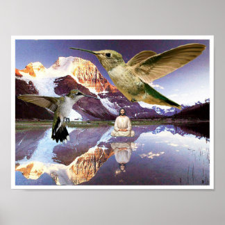 Jesus floating over water meditating over lake poster