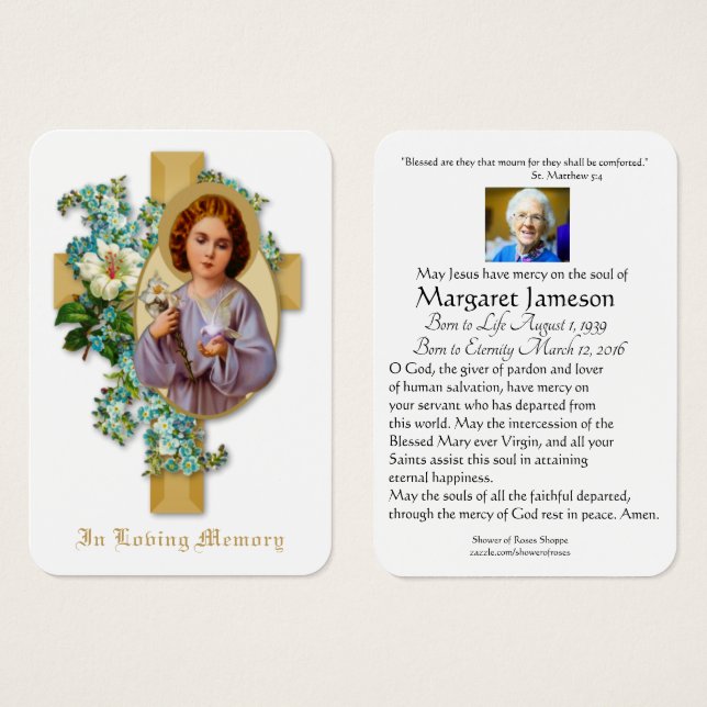 Jesus Floral Catholic Funeral Memorial Holy Card - (Front & Back)