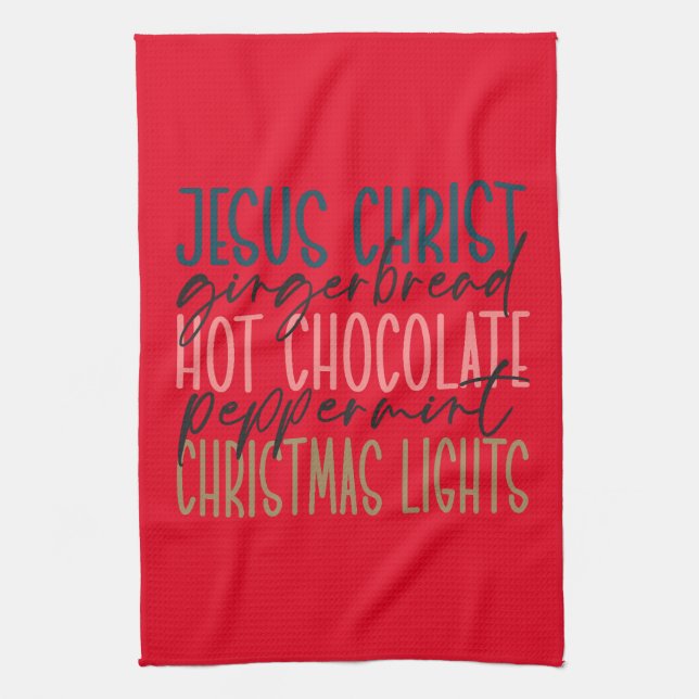 Jesus Ginger Bread Hot Chocolate Christmas Lights Tea Towel (Vertical)