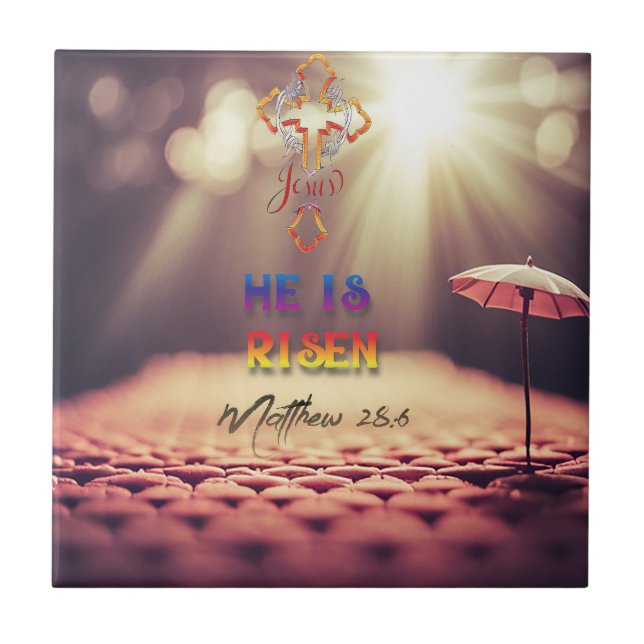 Jesus Golden Cross He Is Risen Matthew 28:6 Tile (Front)