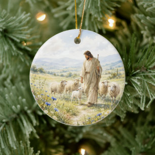 Jesus Good Shepherd Wildflower Watercolor Ceramic Tree Decoration