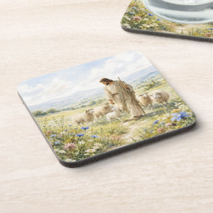 Jesus Good Shepherd Wildflower Watercolor Coaster