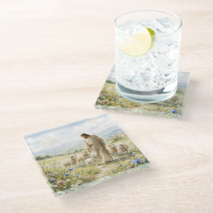 Jesus Good Shepherd Wildflower Watercolor Glass Coaster