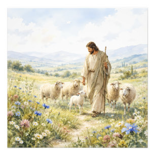 Jesus Good Shepherd Wildflower Watercolor Photo Print