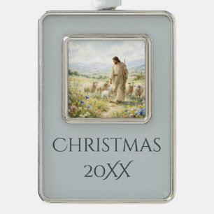 Jesus Good Shepherd Wildflower Watercolor Silver Plated Framed Ornament