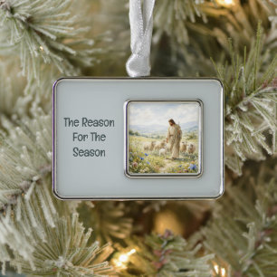 Jesus Good Shepherd Wildflower Watercolor Silver Plated Framed Ornament