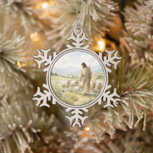 Jesus Good Shepherd Wildflower Watercolor Snowflake Pewter Christmas Ornament