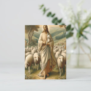 Jesus Guiding Sheep Through Green Pastures Postcard