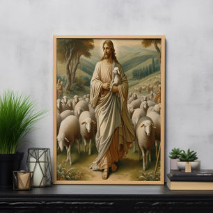 Jesus Guiding Sheep Through Green Pastures Poster