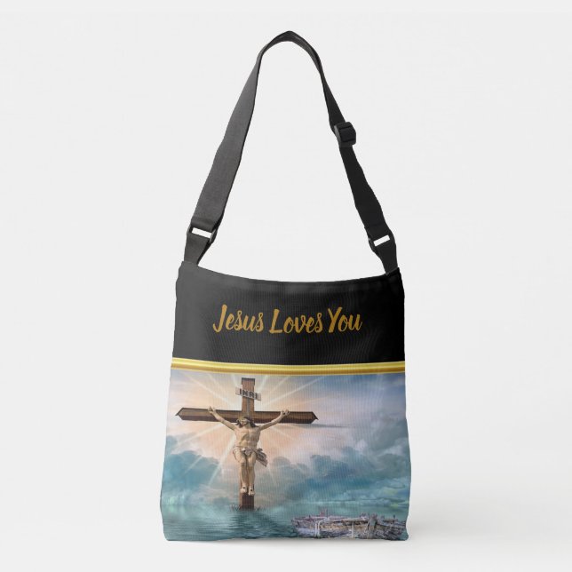 Jesus hanging from a christian crucifixion cross crossbody bag (Front)