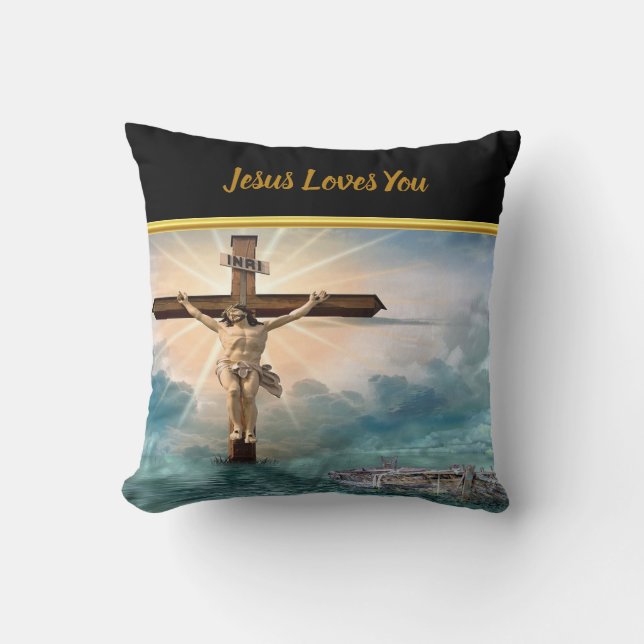 Jesus hanging from a christian crucifixion cross cushion (Front)