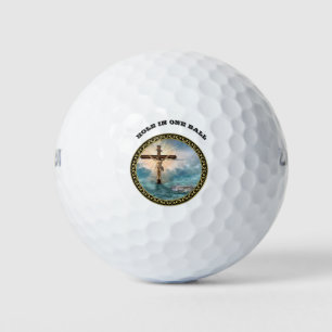 Jesus hanging from a christian crucifixion cross. golf balls