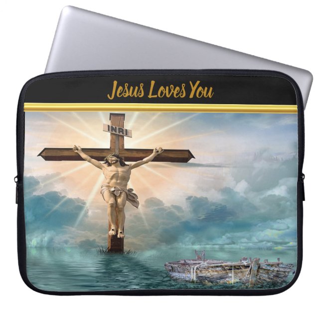 Jesus hanging from a christian crucifixion cross laptop sleeve (Front)