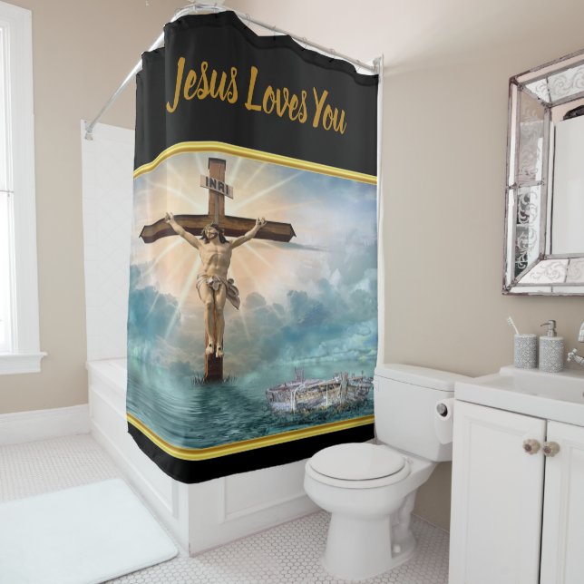 Jesus hanging from a christian crucifixion cross shower curtain (In Situ)
