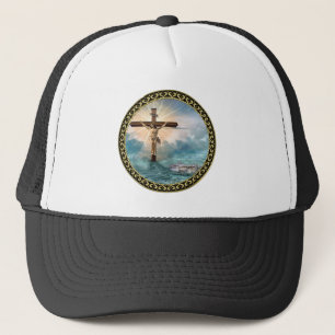 Jesus hanging from a christian crucifixion cross. trucker hat