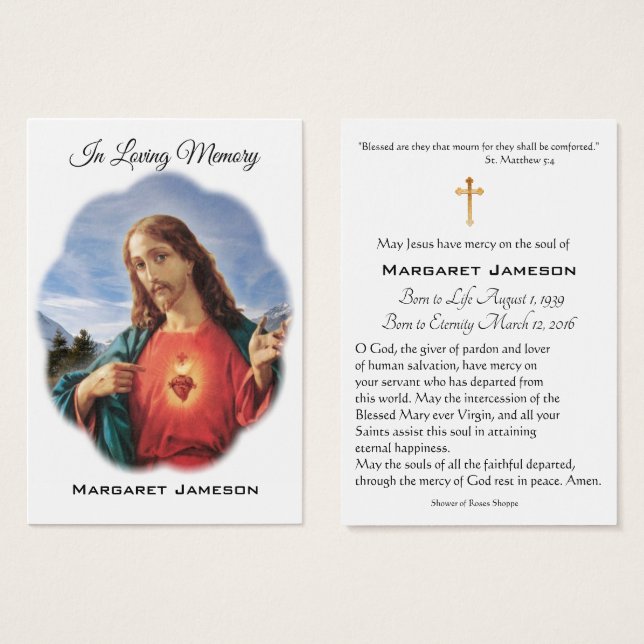 Jesus Heart Catholic Funeral Memorial Holy Card - (Front & Back)