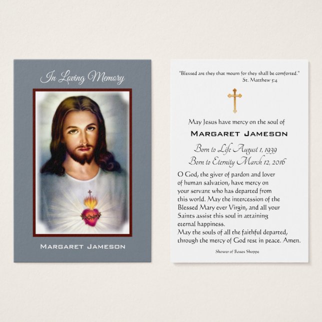 Jesus Heart Catholic Funeral Memorial Holy Card - (Front & Back)