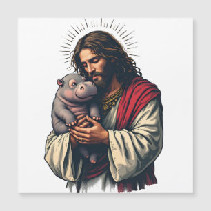 Jesus Holding a Baby Moo Deng Hippo