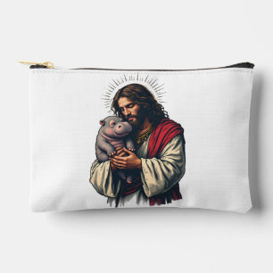 Jesus Holding a Baby Moo Deng Hippo  Accessory Pouch