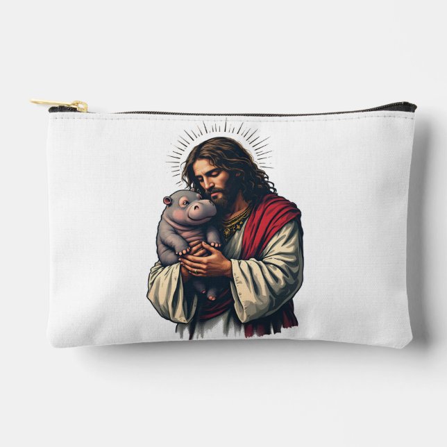 Jesus Holding a Baby Moo Deng Hippo  Accessory Pouch (Front)