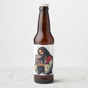 Jesus Holding a Baby Moo Deng Hippo  Beer Bottle Label
