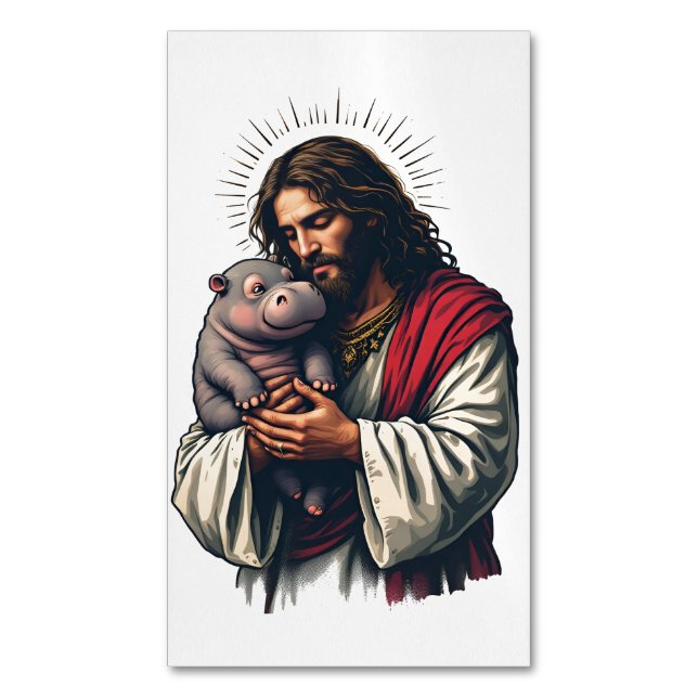 Jesus Holding a Baby Moo Deng Hippo  Magnetic Business Card (Front Vertical)