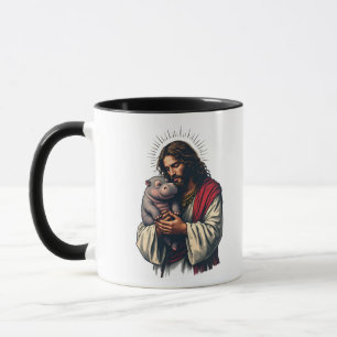 Jesus Holding a Baby Moo Deng Hippo  Mug