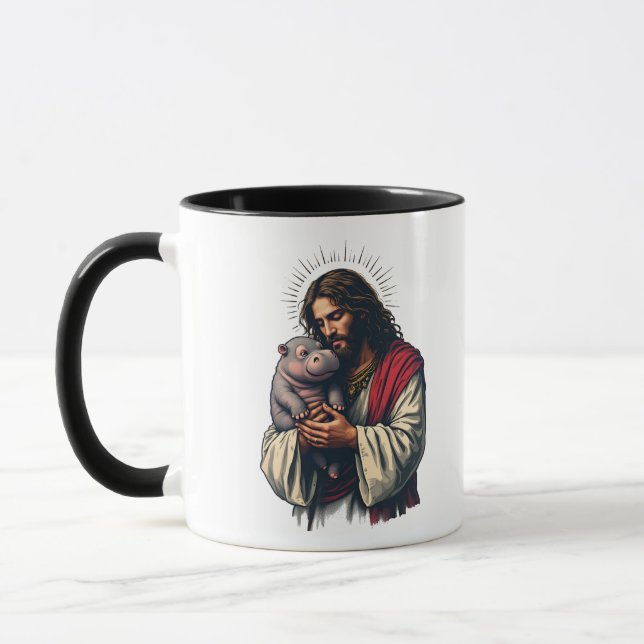 Jesus Holding a Baby Moo Deng Hippo  Mug (Left)