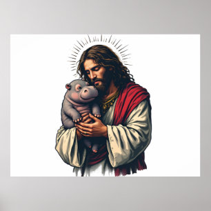 Jesus Holding a Baby Moo Deng Hippo  Poster