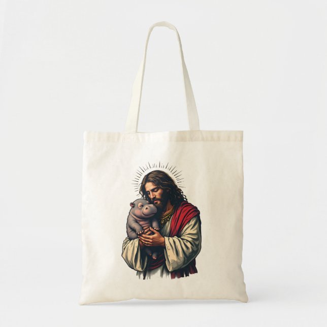 Jesus Holding a Baby Moo Deng Hippo  Tote Bag (Front)