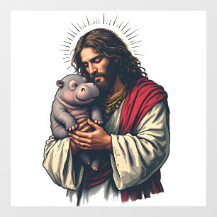 Jesus Holding a Baby Moo Deng Hippo  Window Cling