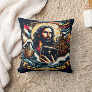 Jesus holding a bible amidst waves and symbols cushion
