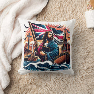 Jesus holding a flag amidst stormy seas cushion