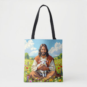 Jesus holding a Lamb Religious Christian Tote Bag