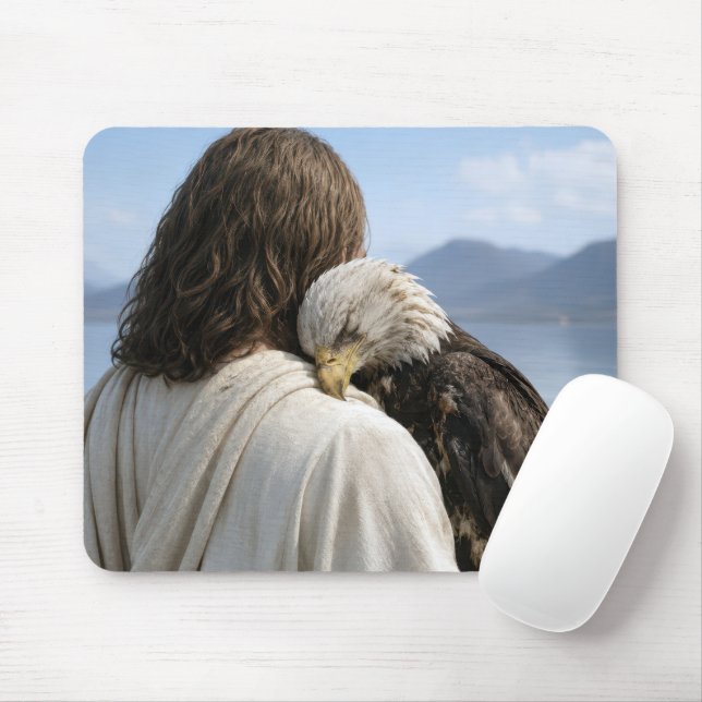 Jesus Holding a Tired Bald Eagle Mouse Mat (With Mouse)