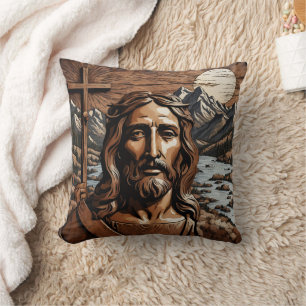 Jesus Holding Cross by Mountain River at Sunset Cushion