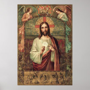 Jesus holding Eucharist Host with Angels Above Poster