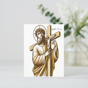 Jesus Holding Gold Cross in Devotion Postcard